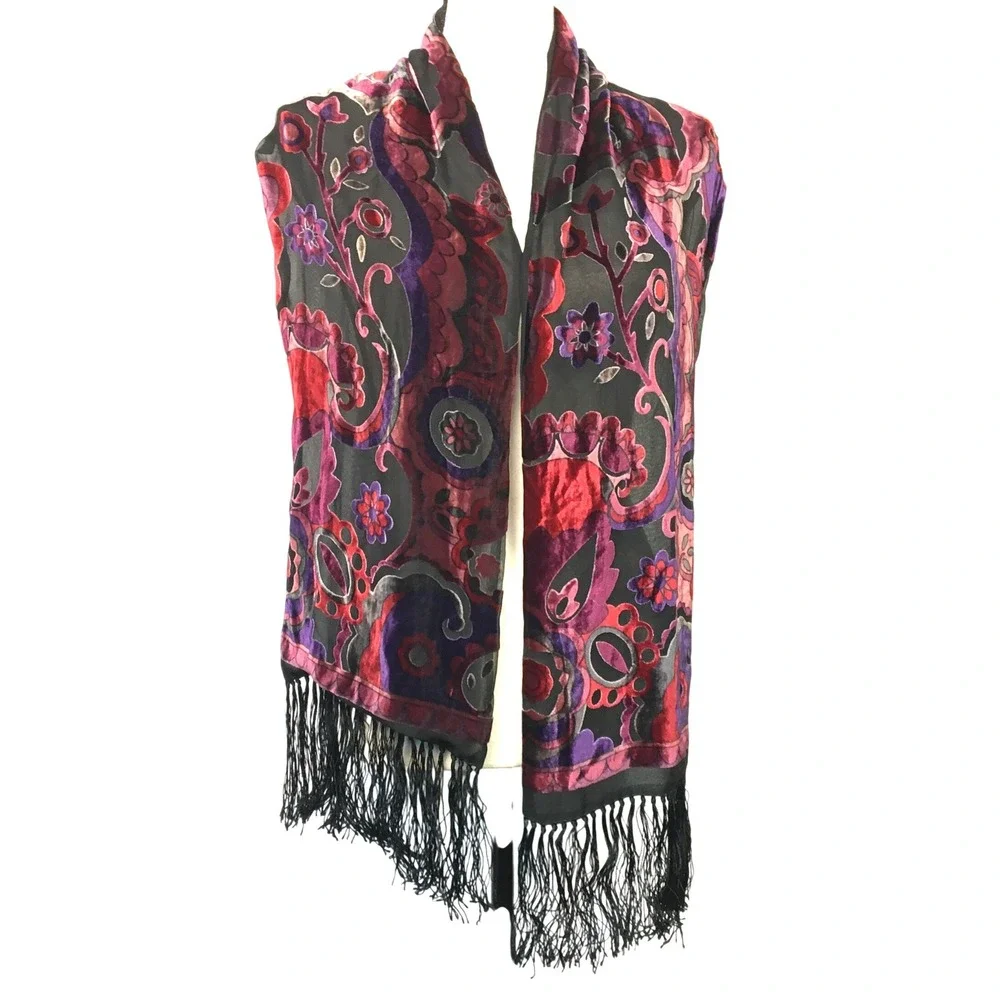 Burnout Paisley‎ Velvet Fringe Wrap Scarf OS Multicolor